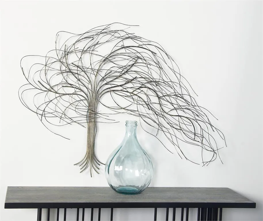 SILVER METAL TREE INDOOR OUTDOOR WALL DECOR WITH LONG BRANCH