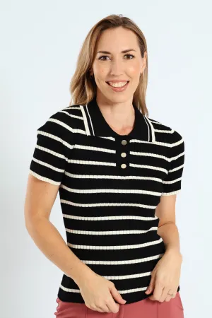 Striped Golfer Tee - Cream/Black