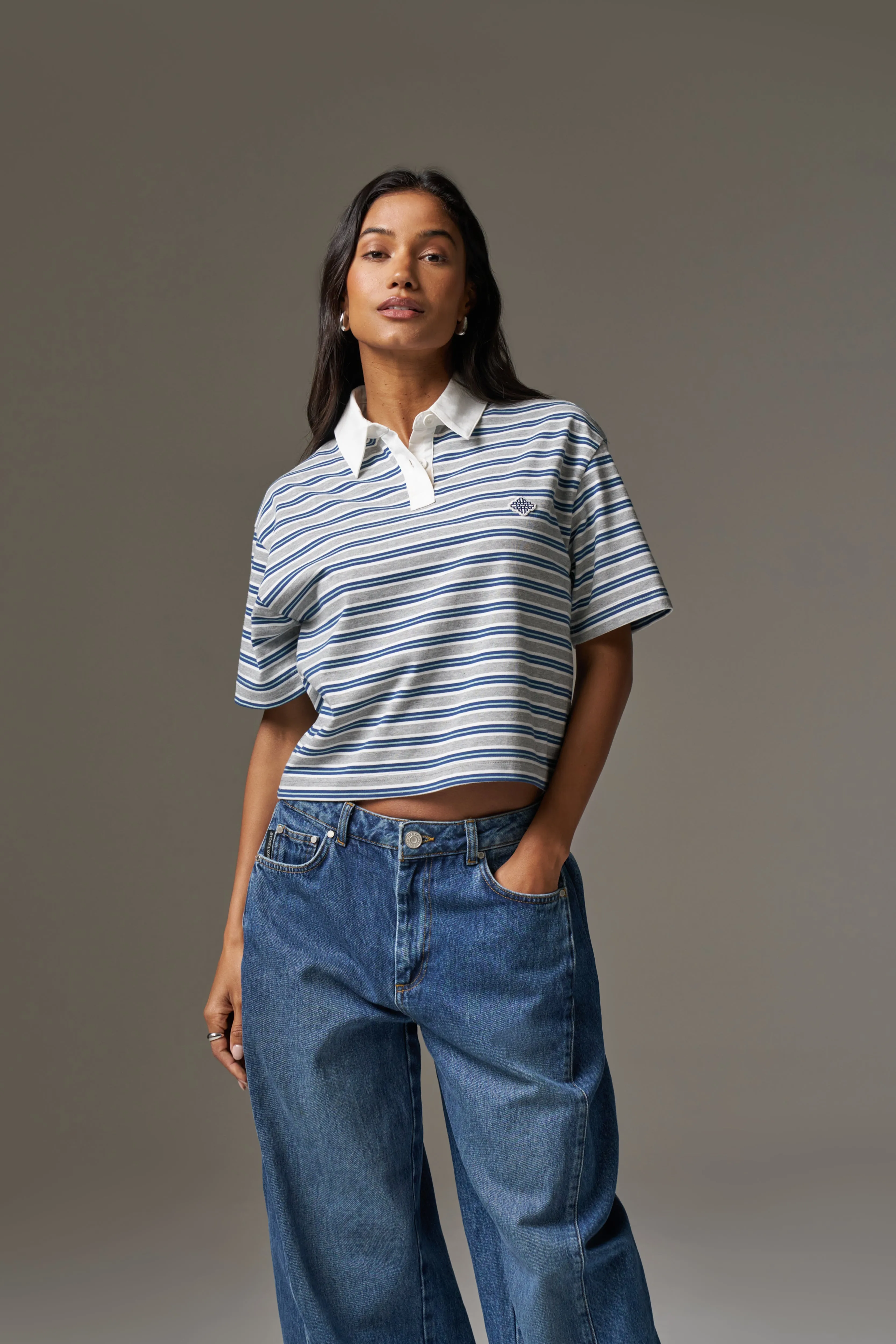 STRIPED POLO TEE - GREY