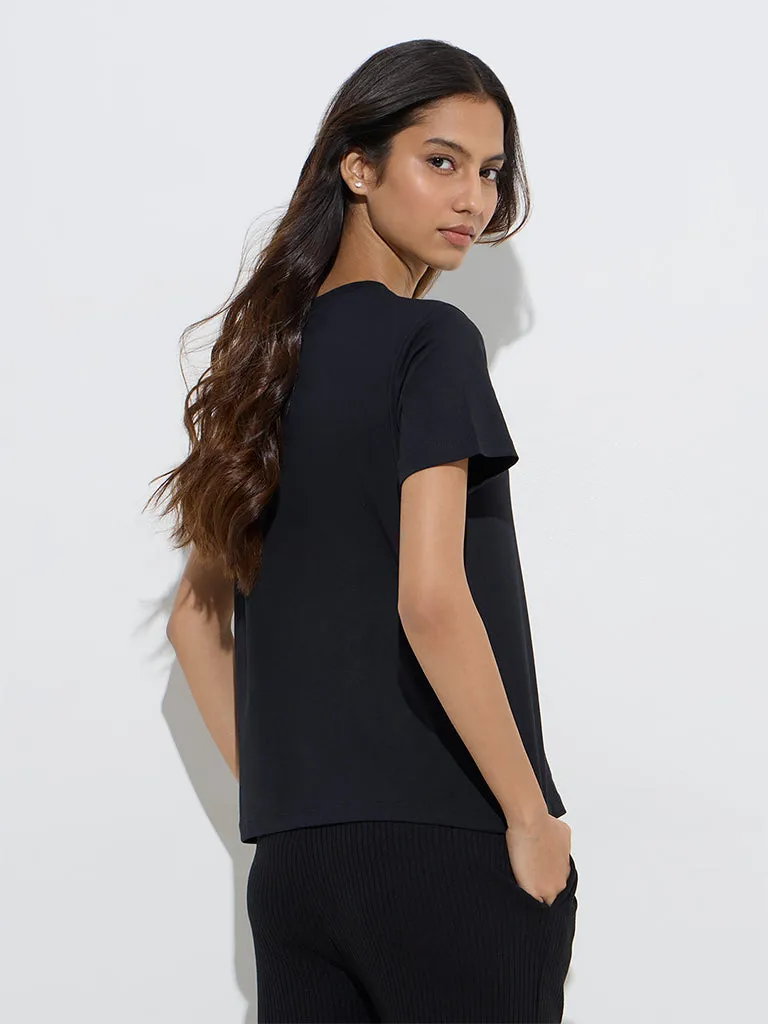 Studiofit Black Text Design Cotton T-Shirt