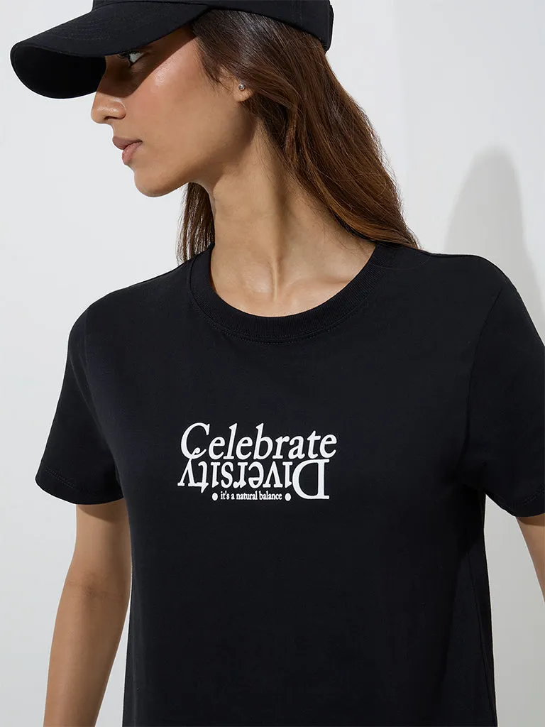 Studiofit Black Text Design Cotton T-Shirt