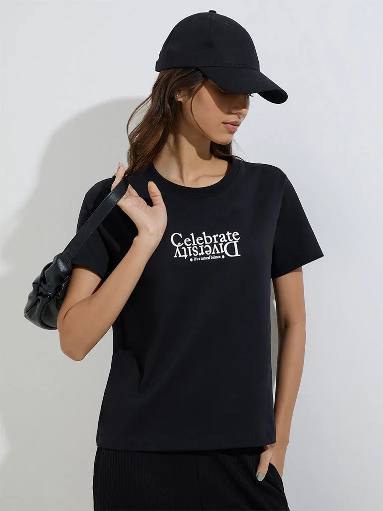 Studiofit Black Text Design Cotton T-Shirt