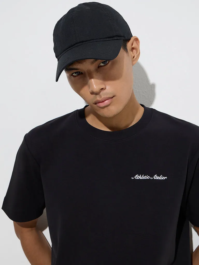 Studiofit Black Text Print Relaxed-Fit Cotton-Blend T-Shirt