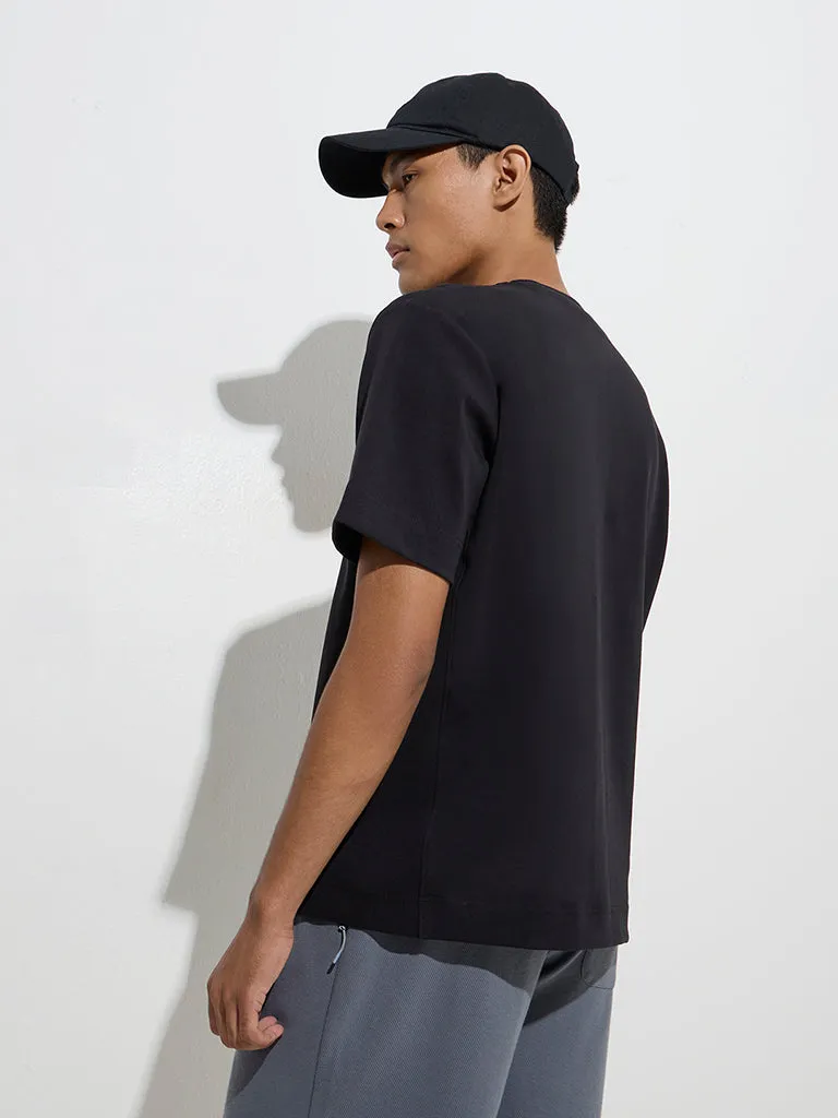Studiofit Black Text Print Relaxed-Fit Cotton-Blend T-Shirt