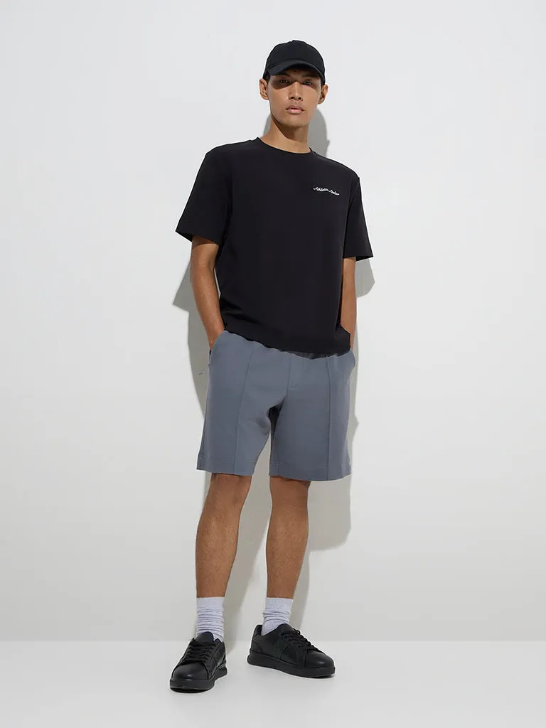 Studiofit Black Text Print Relaxed-Fit Cotton-Blend T-Shirt