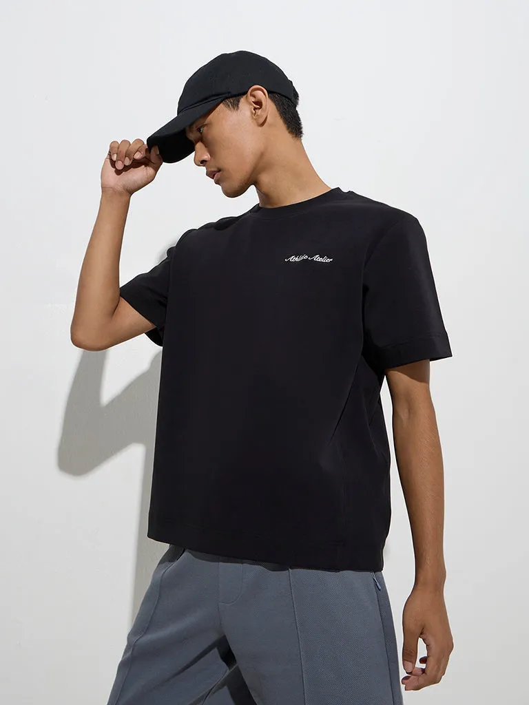 Studiofit Black Text Print Relaxed-Fit Cotton-Blend T-Shirt