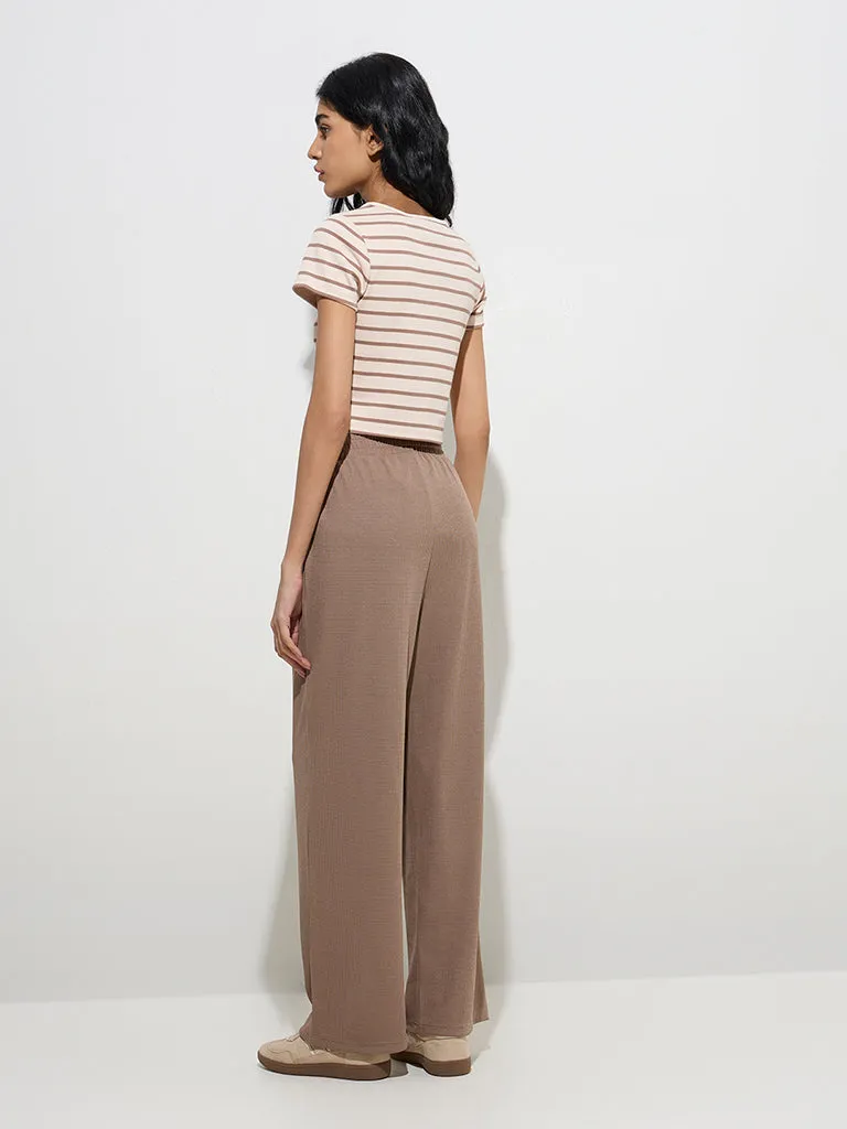 Studiofit Taupe Striped Cotton-Blend T-Shirt