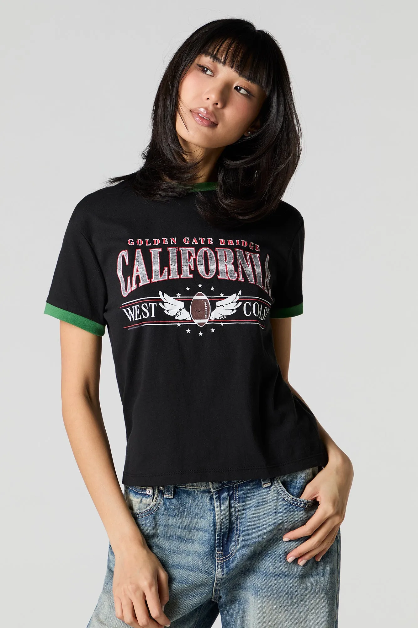 T-shirt imprimé ajusté à liséré contrastant