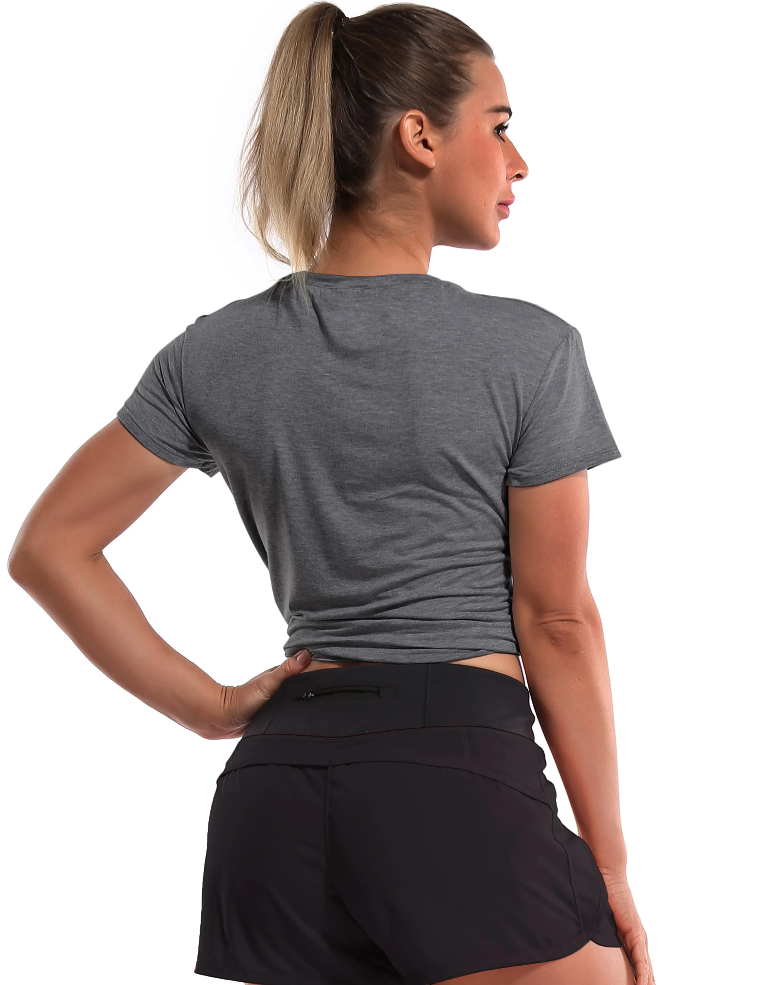 Tie Up Crop Top Short Sleeve T-Shirt heathercharcoal ins_Plus Size