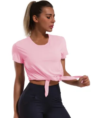 Tie Up Crop Top Short Sleeve T-Shirt lightpink_Pilates
