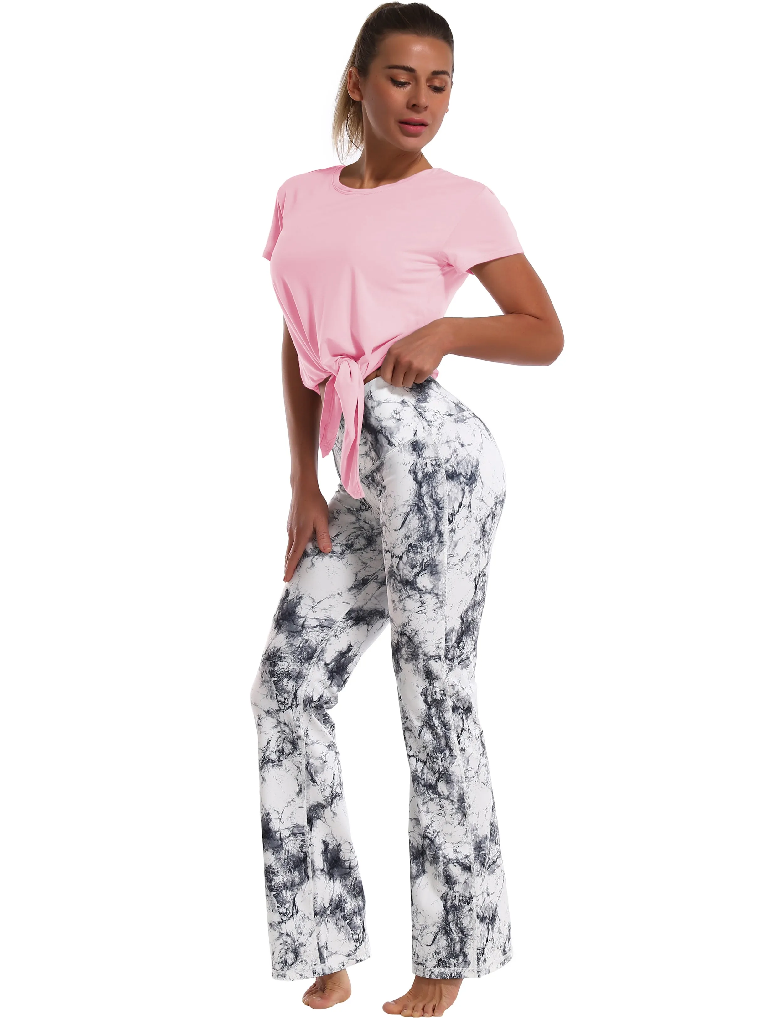 Tie Up Crop Top Short Sleeve T-Shirt lightpink_Pilates