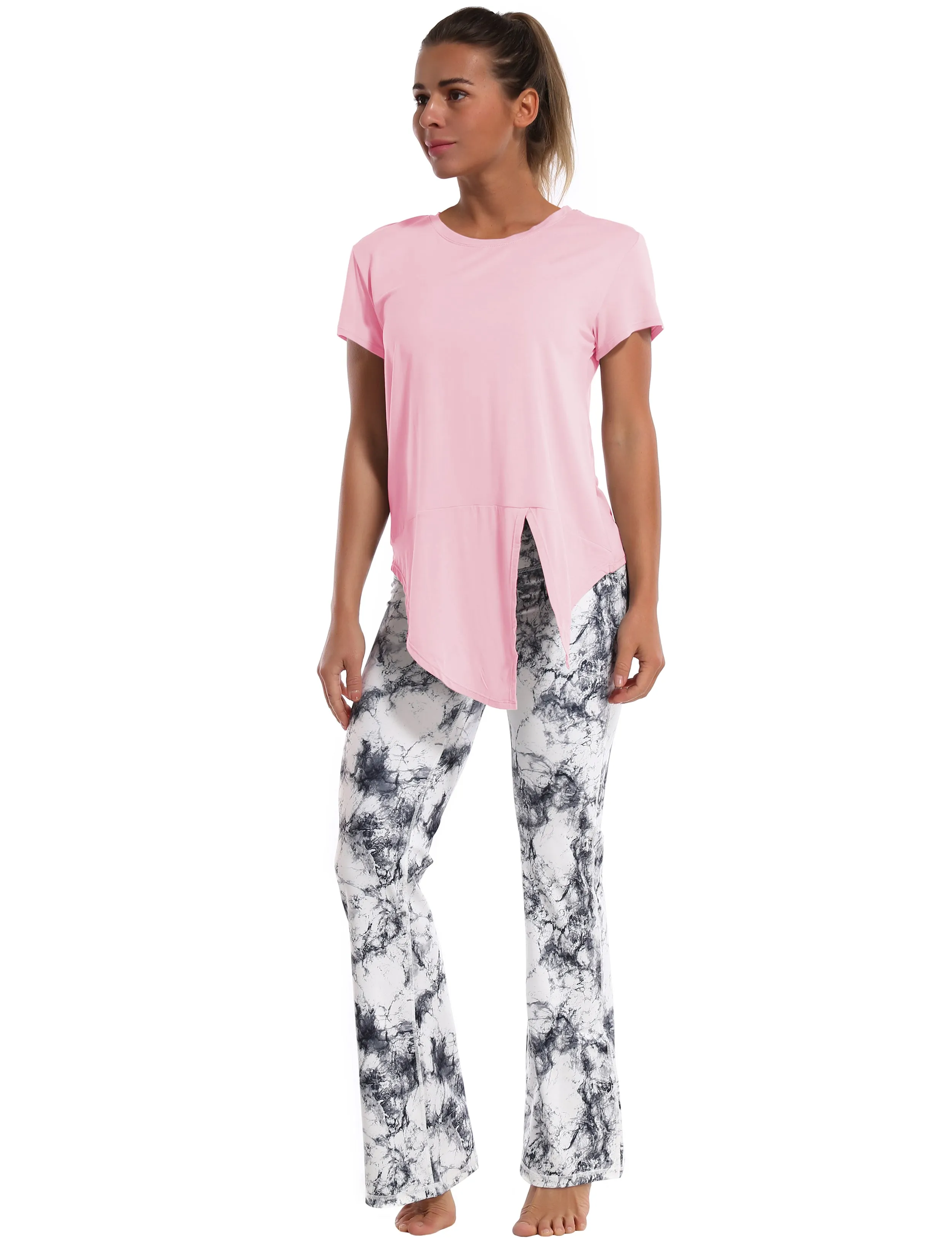 Tie Up Crop Top Short Sleeve T-Shirt lightpink_Pilates