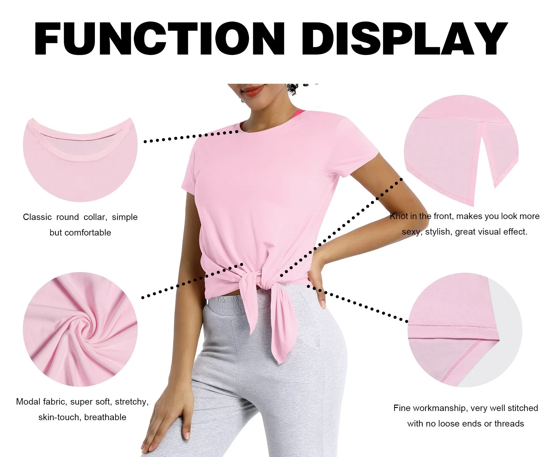 Tie Up Crop Top Short Sleeve T-Shirt lightpink_Pilates