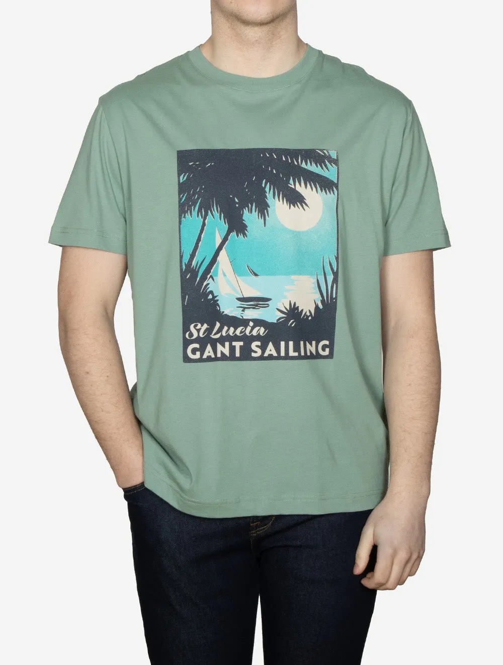 USA Sailing Print Graphic T-Shirt Kalamata Green