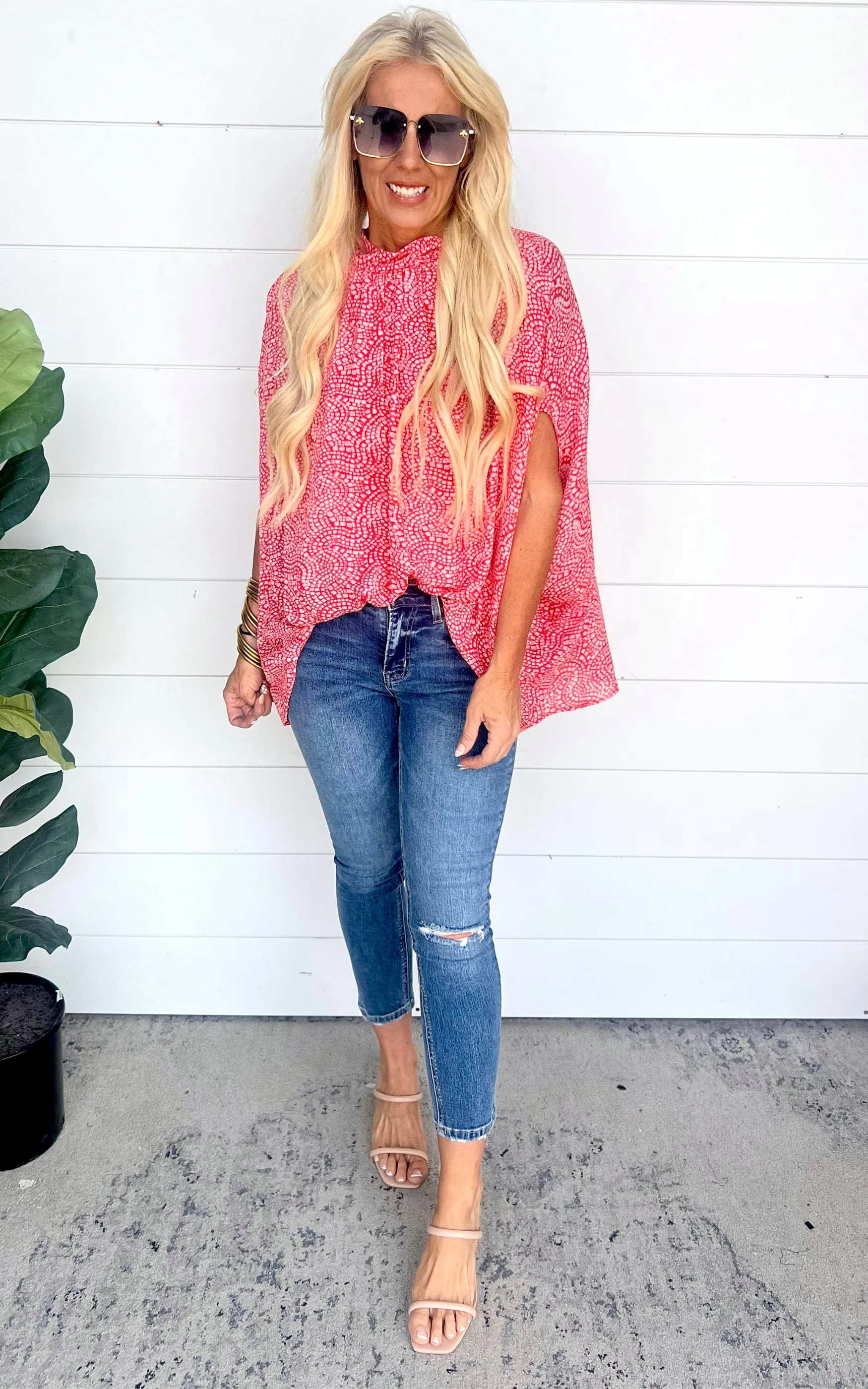 Wave Mosaic Mock Neck Caftan Top - Final Sale