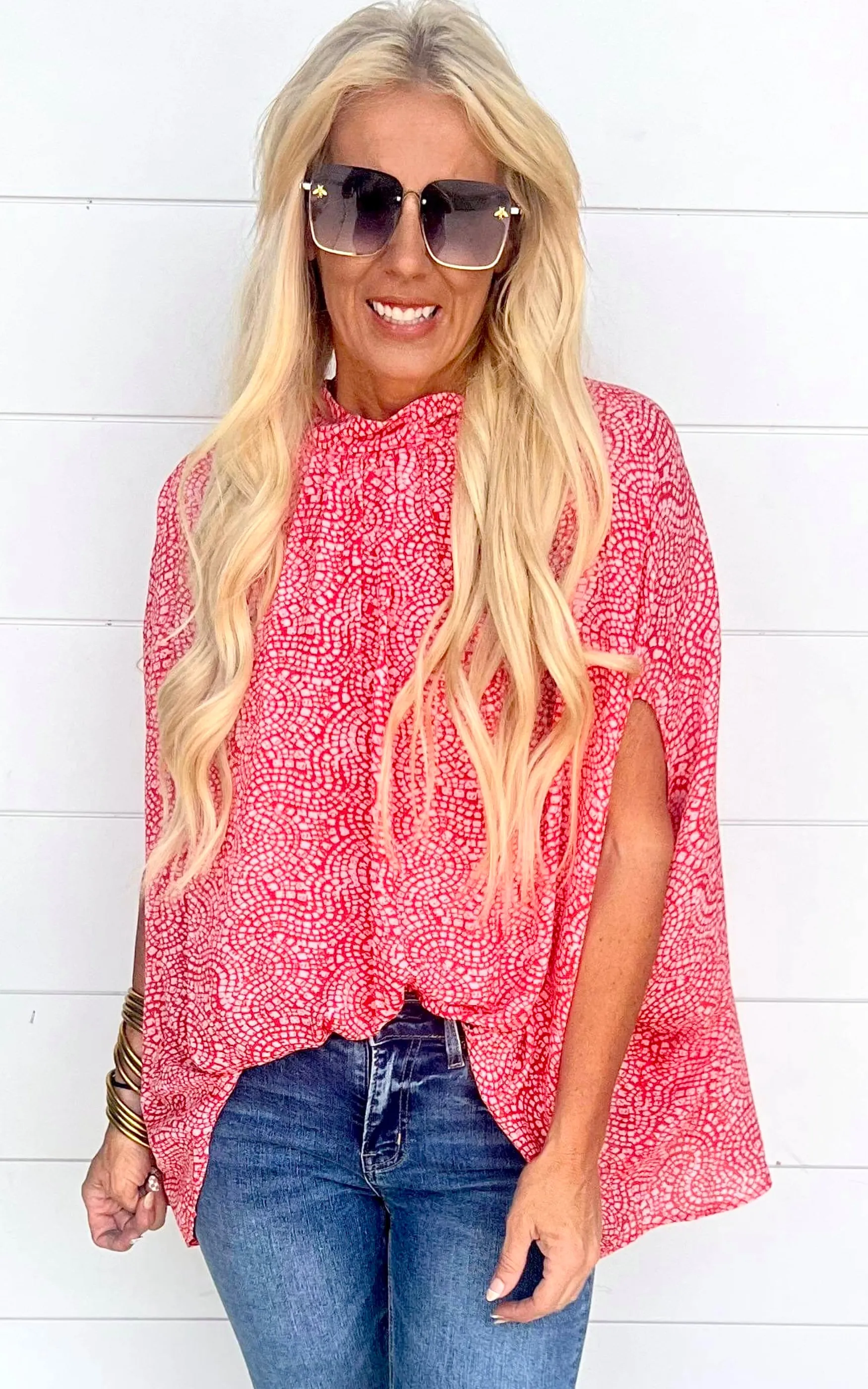 Wave Mosaic Mock Neck Caftan Top - Final Sale