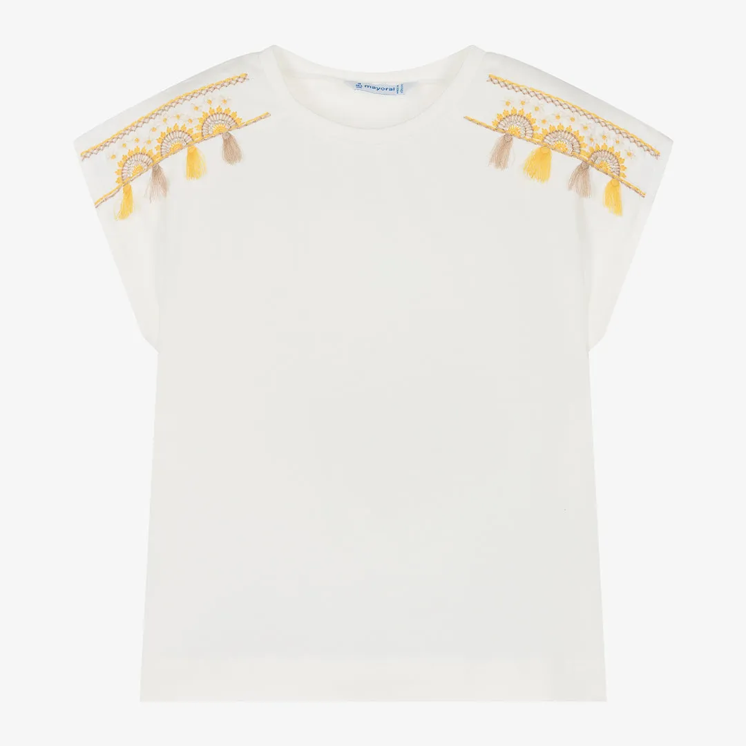 White Tassel Embroidered T-Shirt