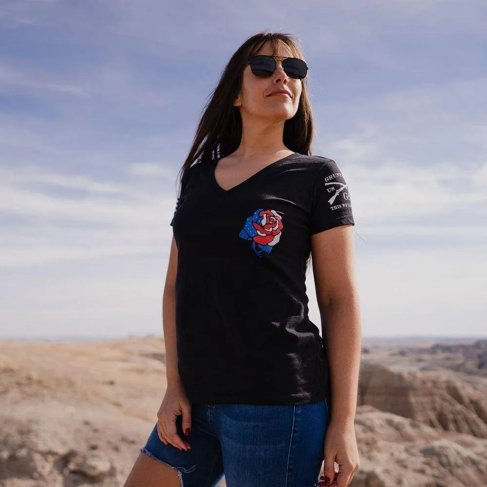 Women's Freedom Rose V-Neck - Black