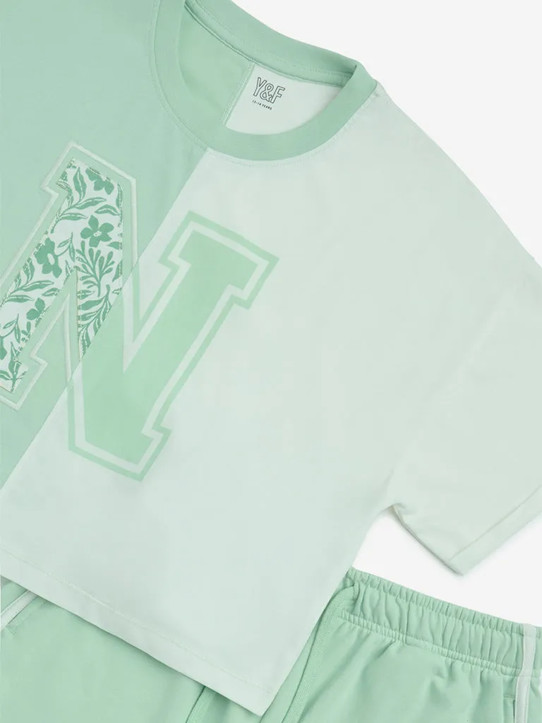 Y&F Kids Mint Text Pattern Cotton T-Shirt and Shorts Set
